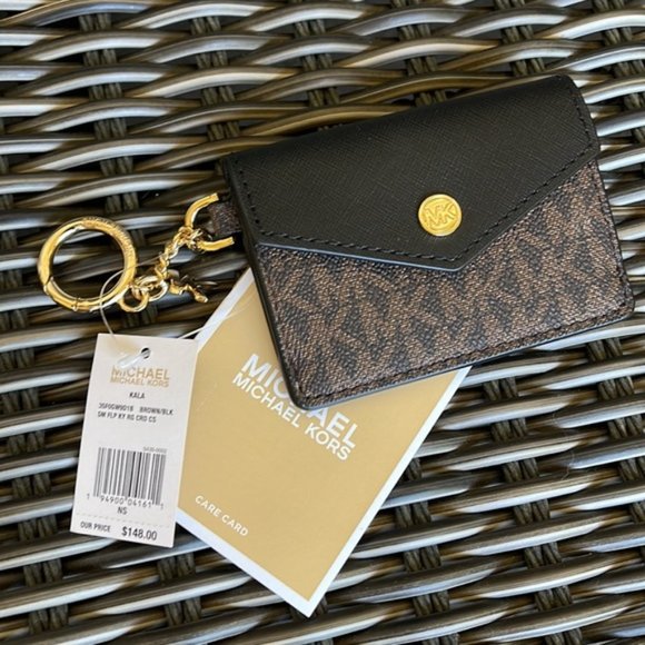 Michael Kors Kala Small Flap Key Ring Card Case Wallet MK Brown Black - Picture 4 of 10